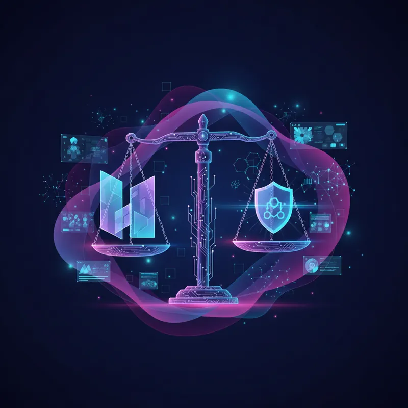 AI governance and ethics visualization with balanced digital systems